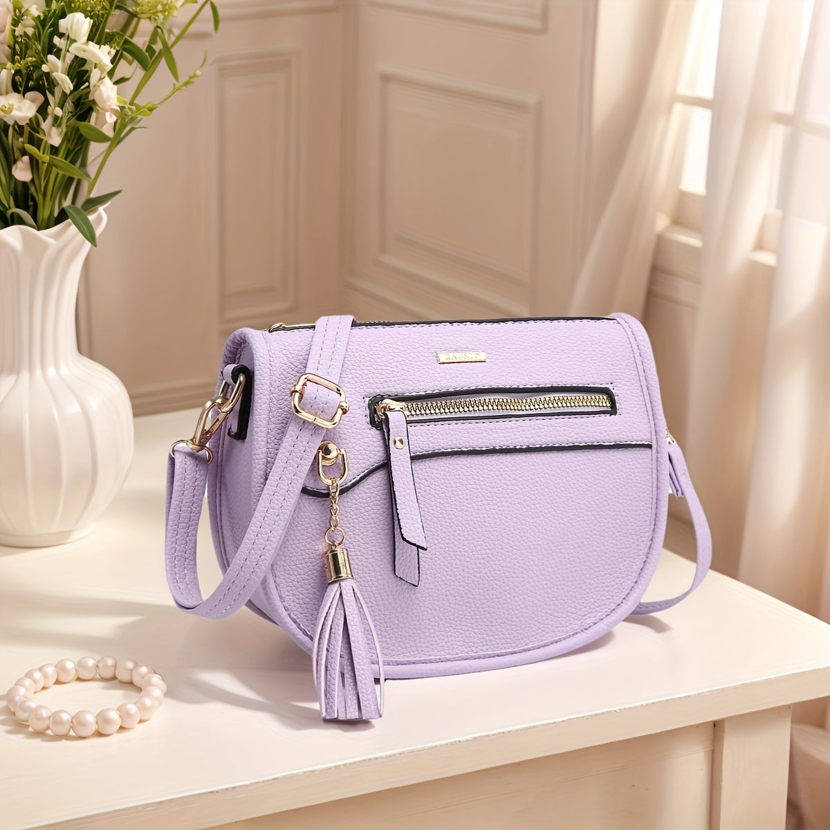 Crossbody Sling Bag Mini Crescent PU Leather Purse with Tassel Accent, Adjustable Strap & 12 Color Options