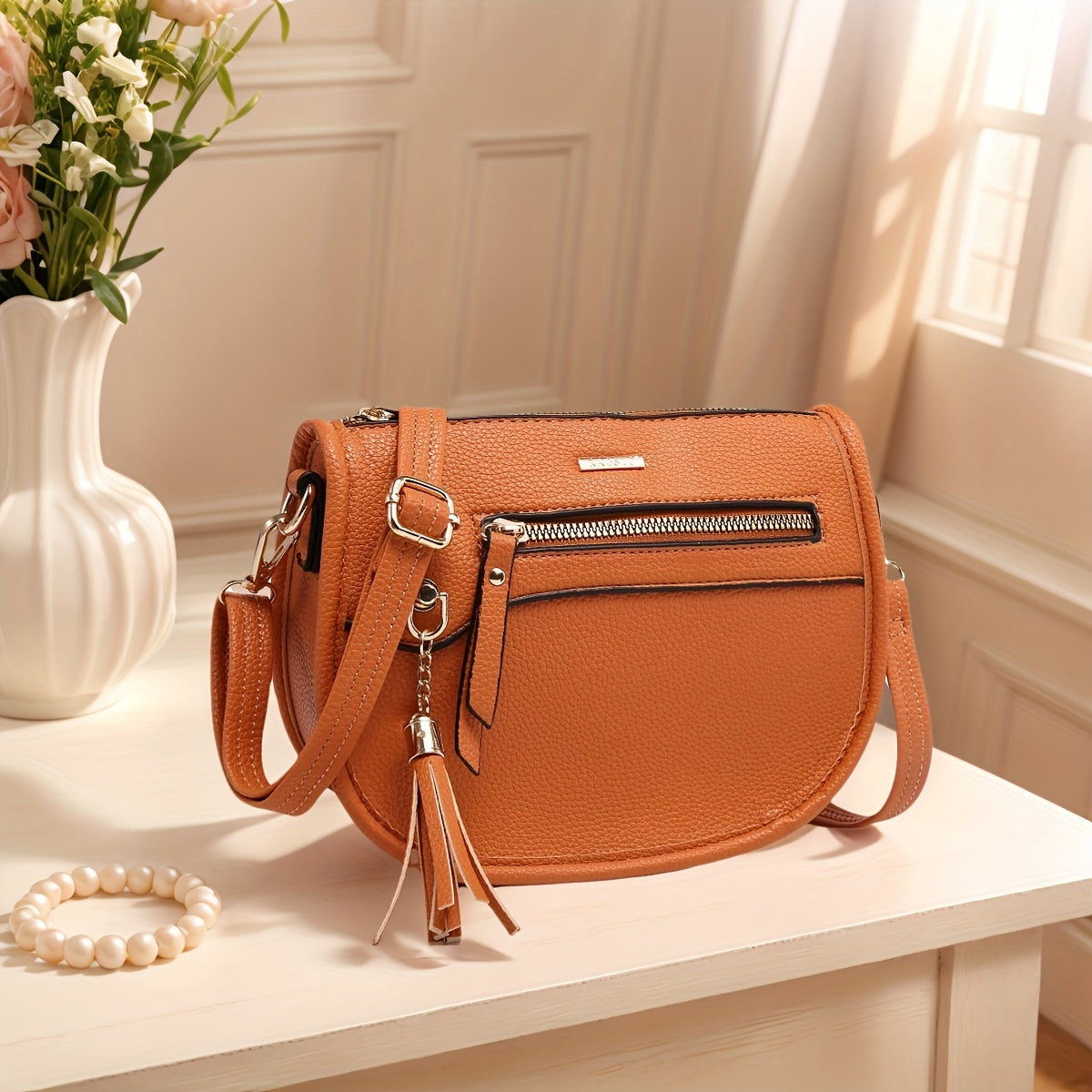 Crossbody Sling Bag Mini Crescent PU Leather Purse with Tassel Accent, Adjustable Strap & 12 Color Options