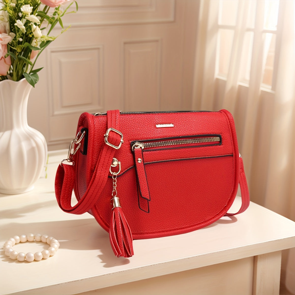 Crossbody Sling Bag Mini Crescent PU Leather Purse with Tassel Accent, Adjustable Strap & 12 Color Options