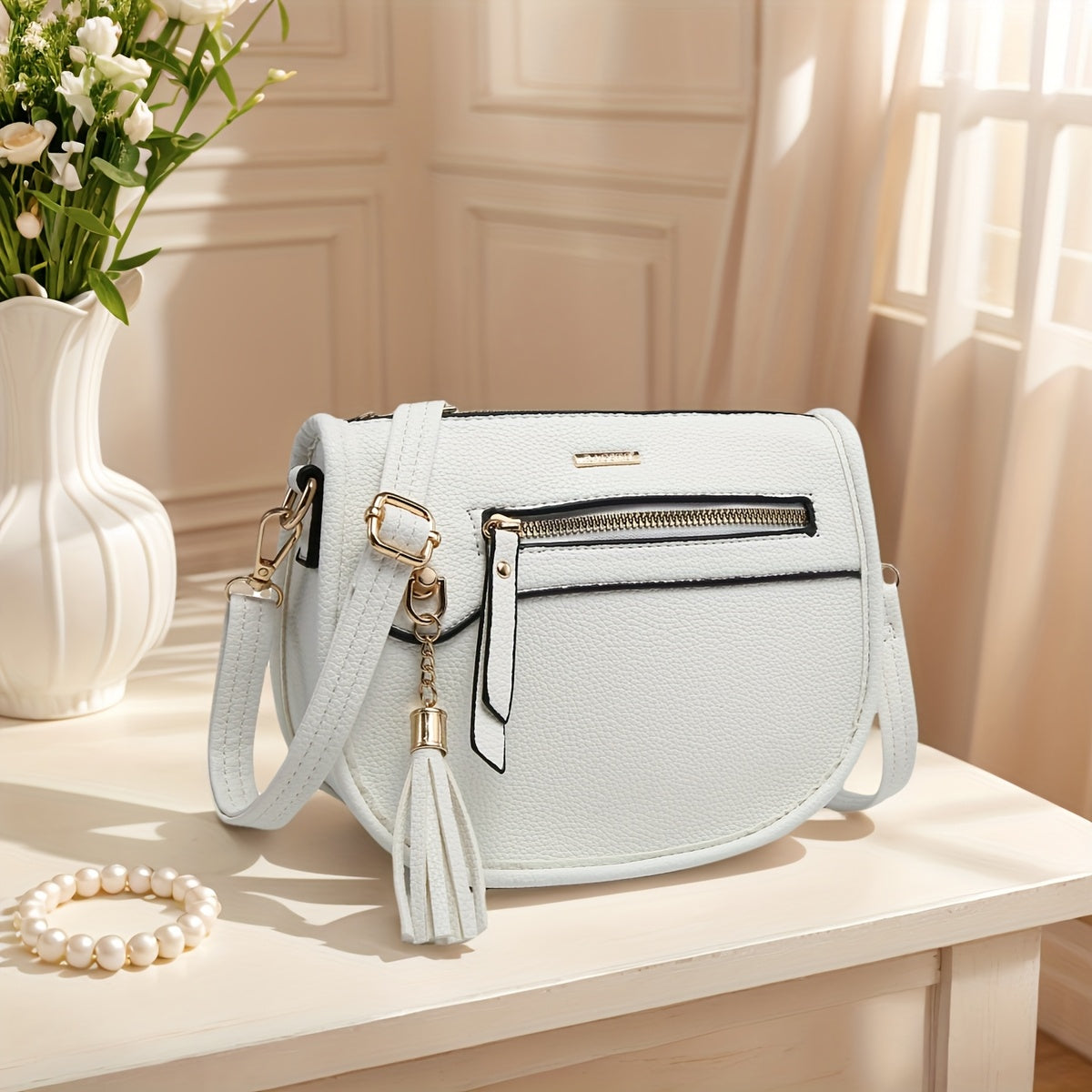 Crossbody Sling Bag Mini Crescent PU Leather Purse with Tassel Accent, Adjustable Strap & 12 Color Options