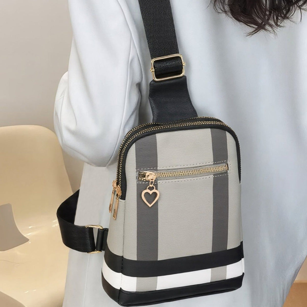Sling Bag PU Faux Leather Three-Layer Zip Organizer with Wide Adjustable Strap and Four Colorways