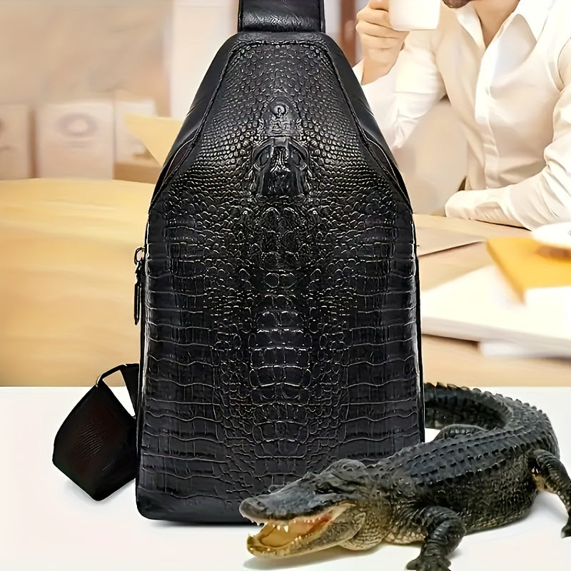 Sling Bag Crocodile-Texture Chest Pack with Earphone Hole, Adjustable Strap and Black or Brown Options