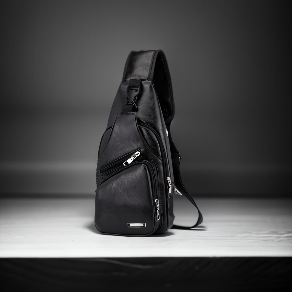 Sling Bag – Faux Leather Crossbody with External USB Port and Adjustable Woven Strap in Two Colors