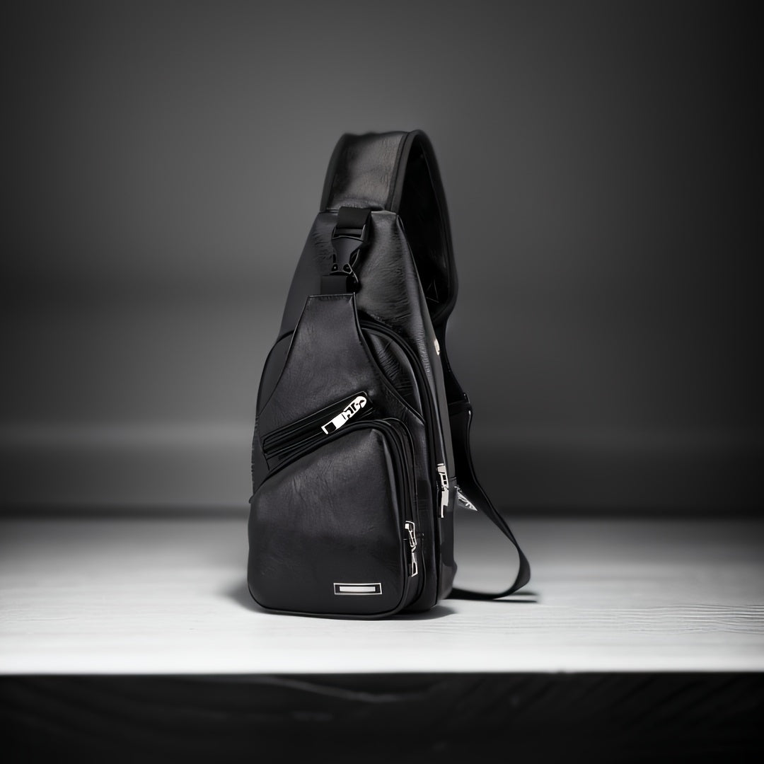 Sling Bag – Faux Leather Crossbody with External USB Port and Adjustable Woven Strap in Two Colors