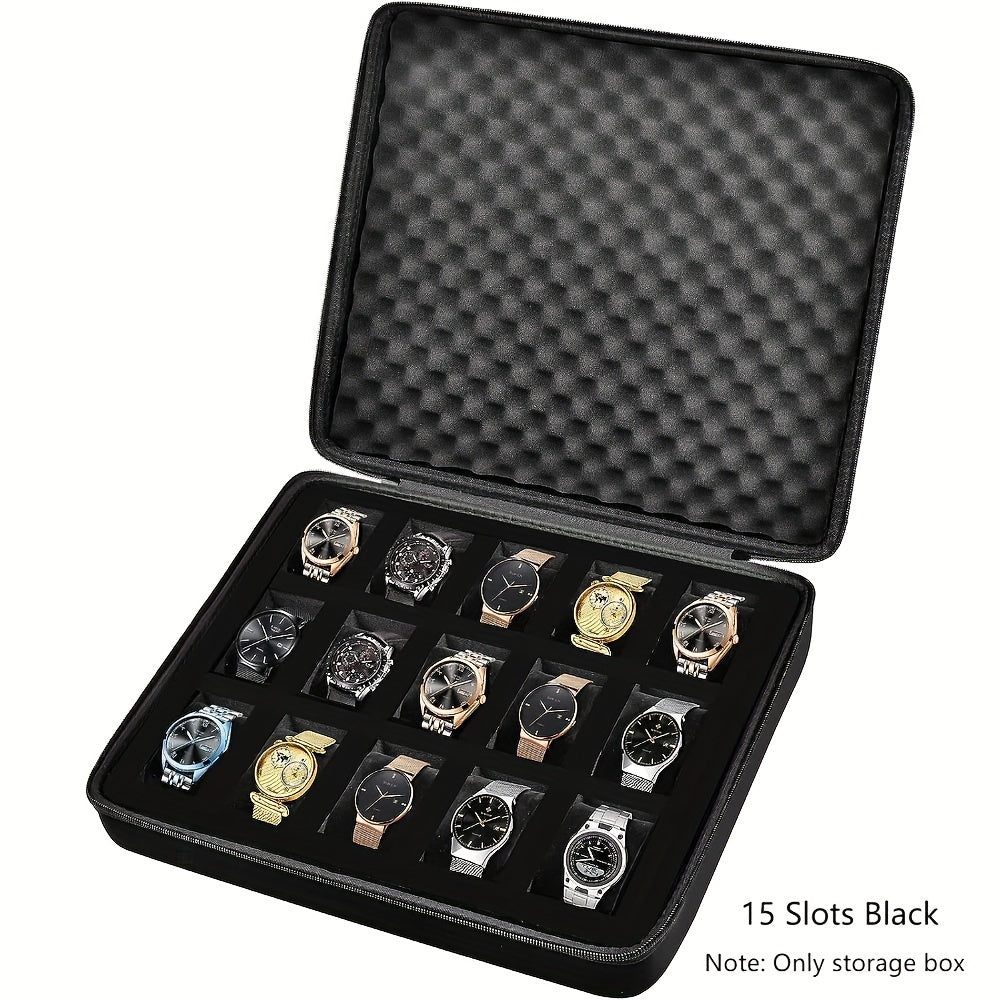 Black EVA Watch Organizer Case with 8-Slot or 15-Slot Storage Options for Wristwatches and Smartwatches