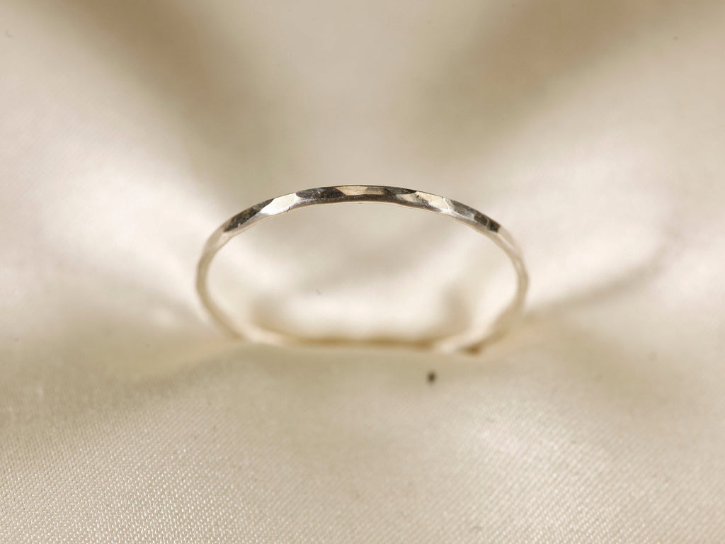 Stackable Rings for Women - 925 Sterling Silver Hammered Ring Minimalist Thin Band 1mm Textured Finish - product detail view
