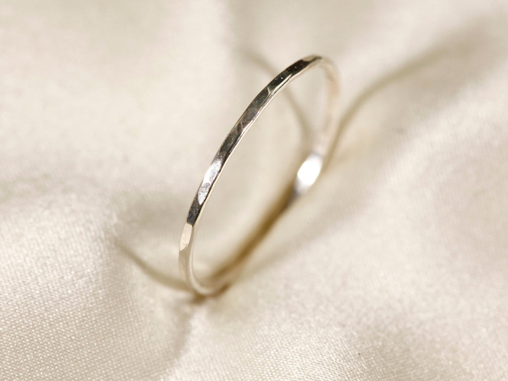 Stackable Rings for Women - 925 Sterling Silver Hammered Ring Minimalist Thin Band 1mm Textured Finish - product detail view