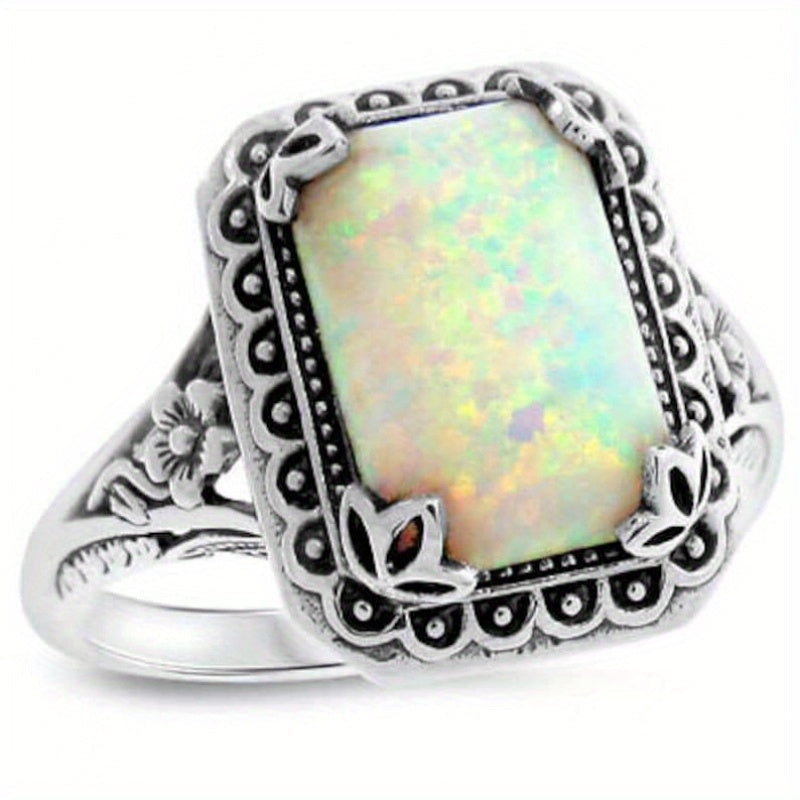 925 Sterling Silver Ring with Rectangular Opal-Look Center Stone, Floral Openwork Band and US Sizes 5–11