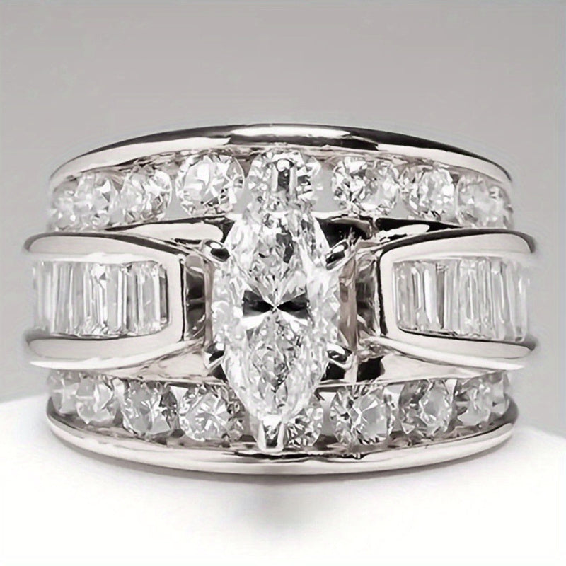 2-Piece Wide Band Ring Set with Marquise Center, Channel-Set Accents, Three Finishes and US Sizes 5–13