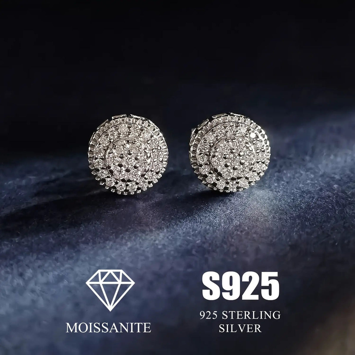 Stud Earrings Round Pavé-Style Cluster Pair with S925 Marking, Push Backs and 8mm Face Diameter