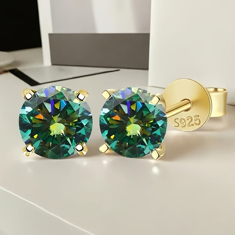 Stud Earrings Round Green Stone Pair with Four-Prong Settings and Gold-Tone or Silver-Tone Posts
