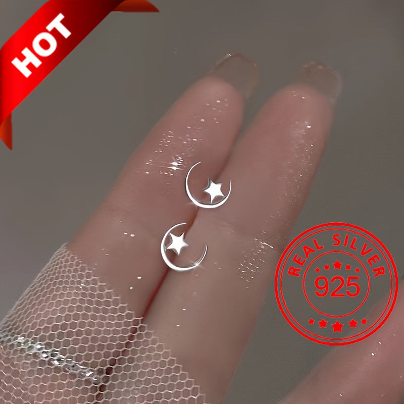 Stud Earrings for Women - Tiny Star & Moon for - 925 Sterling Silver Hypoallergenic Jewelry - product detail view 11