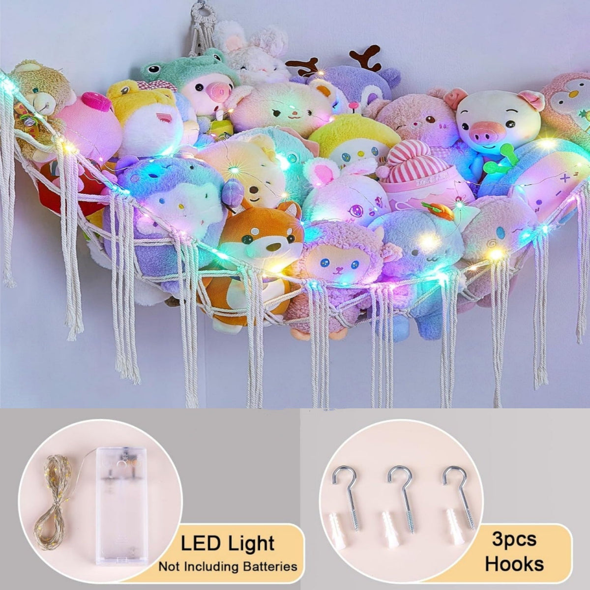 Stuffed Animal Storage Hammock with LED Lighting and Washable Cover for Kids' Room