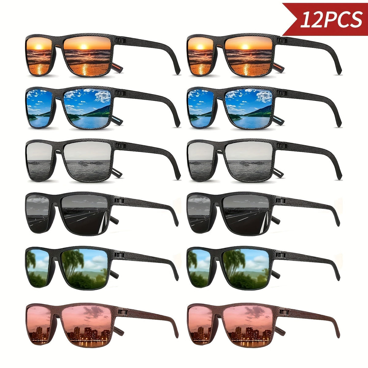 Sunglasses Square Sunglasses 12-Pack with Classic Retro PC Frames, Multi-Color Sets, Unisex Fit & 3 Assortments
