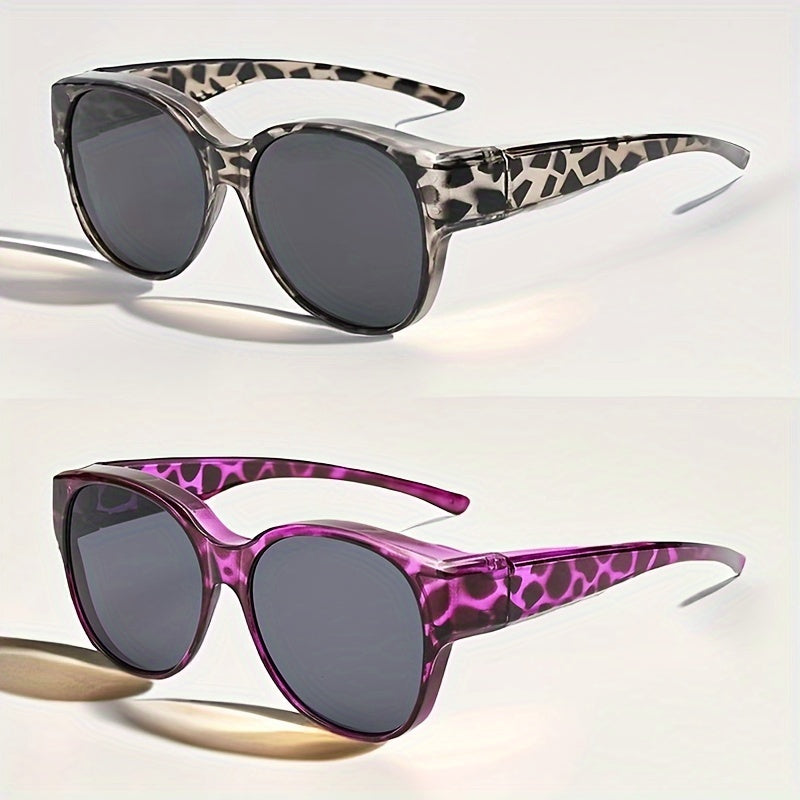 Two-Pair Leopard-Pattern Round Sunglasses Set with Gray, Purple, Tawny or Black Frame Combinations