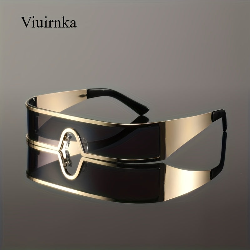 Sunglasses for Men - Cyberpunk Wraparound Glasses Futuristic Wide Temple Metal Frame with Case - product detail view 22