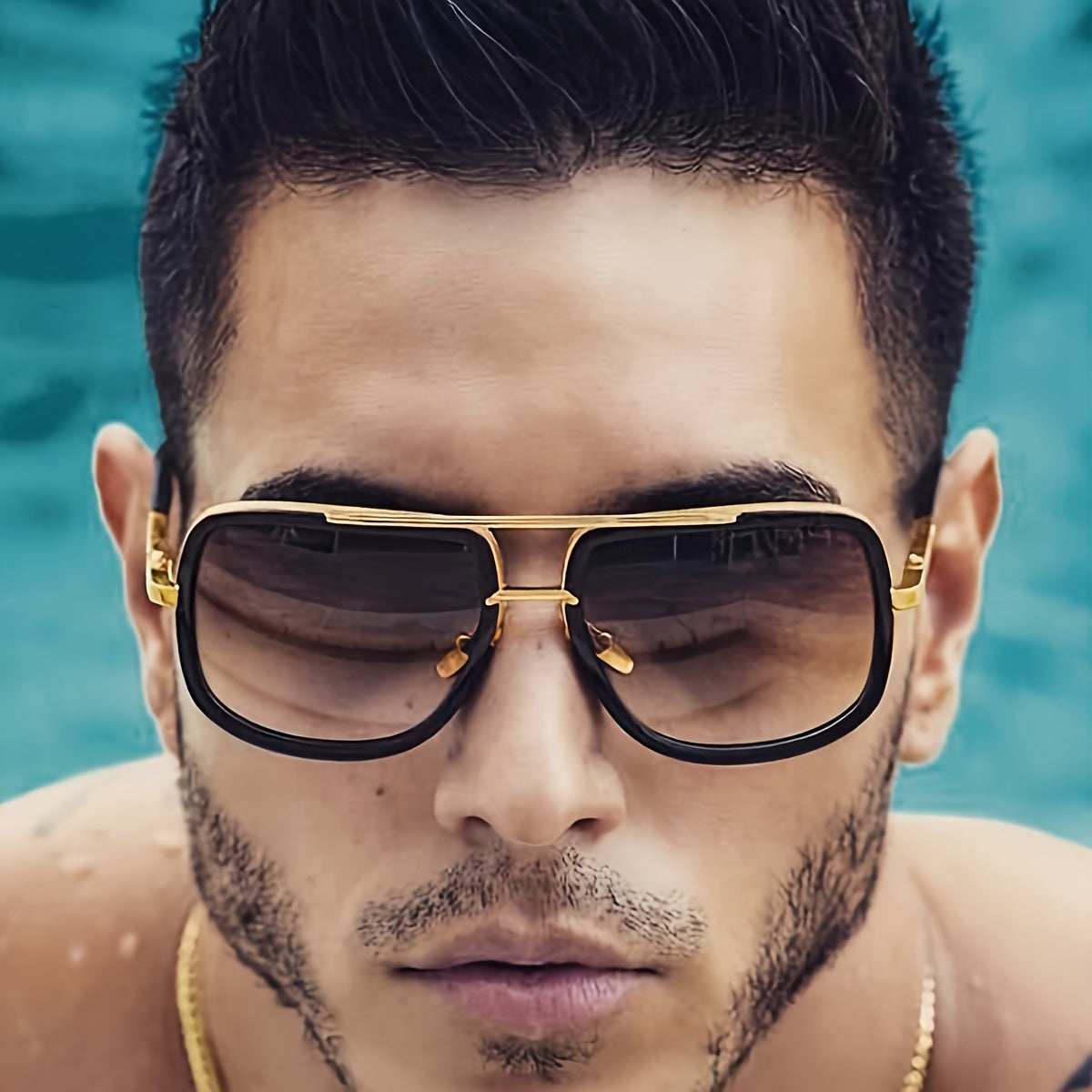 Sunglasses for Men – Double Bridge Glasses Men – Black Frame Gold Decoration, Dual Beam Classic Fashion