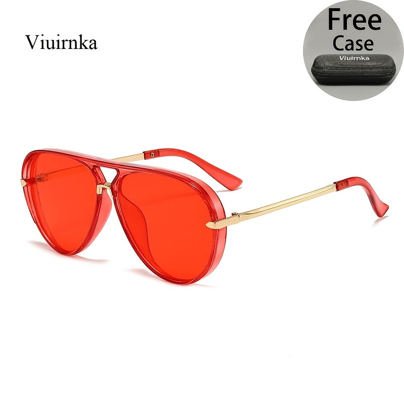 Sunglasses Double-Bridge Sunglasses with Retro Aviator Frames, Lenses, Case, 13 Color Options & Unisex Fit