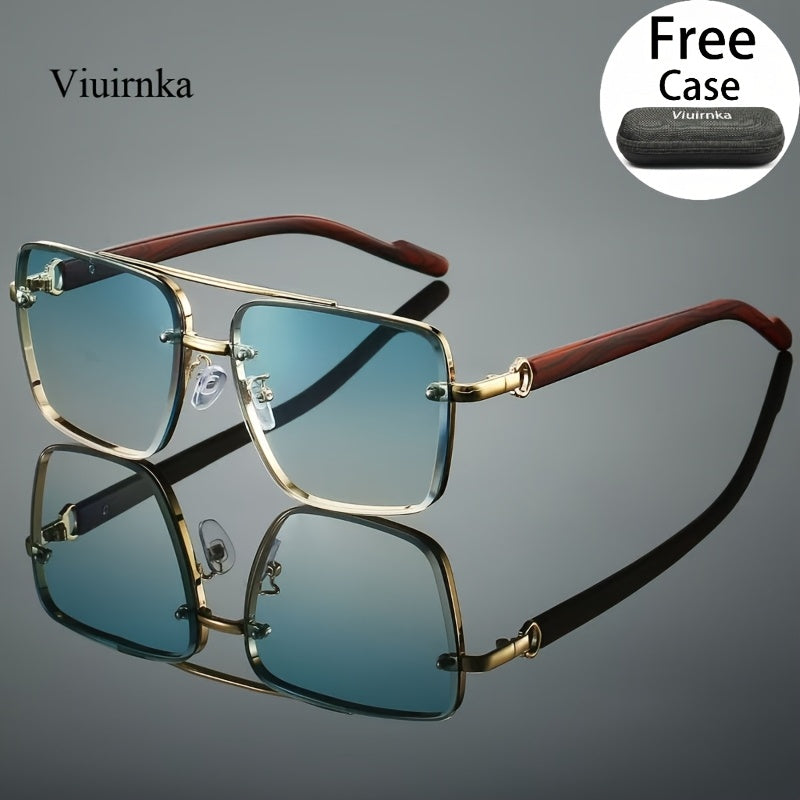 Sunglasses for Men - Double Bridge UV400 Wood Grain Luxury Frame - Square Retro Gradient Tinted - product detail view 13