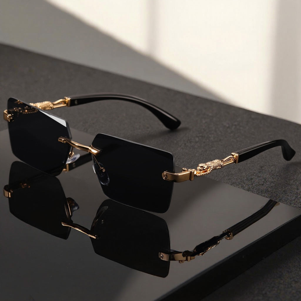 Frameless Sunglasses with Gold Frame, Leopard Arms, UV400 Lenses and 5 Lens Options with Model-Specific Lens, Frame and Color Options