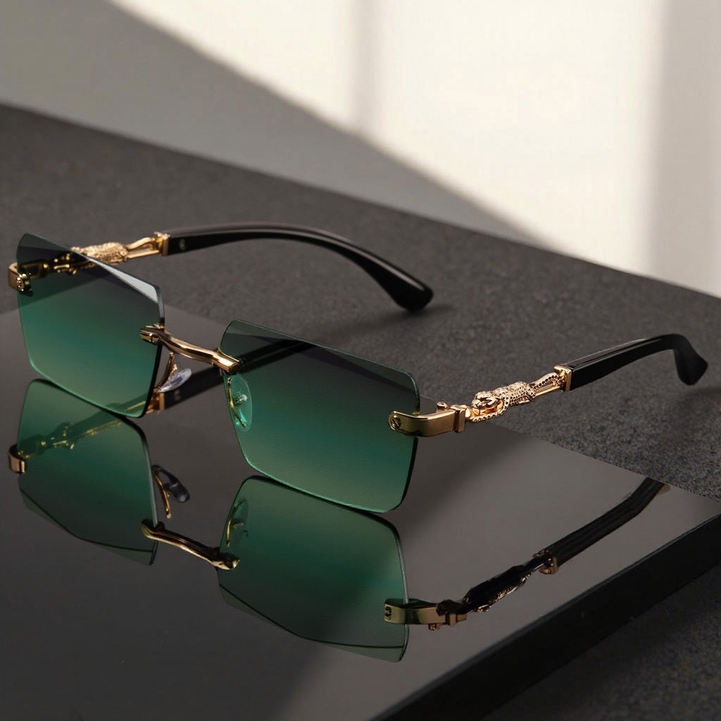 Sunglasses for Men - Luxury Frameless Gold Frame Leopard Arms UV400 Narrow Rectangular Lens - product detail view 21