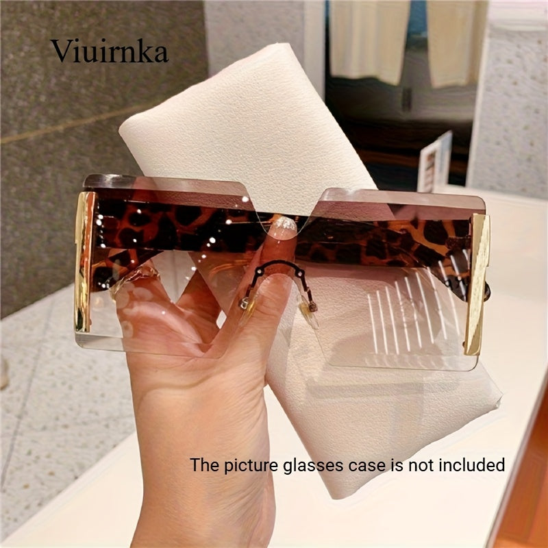 Fashion Glasses Oversized Rimless Square Lenses with Gold-Tone Arms, Gradient Tints and Protective Case