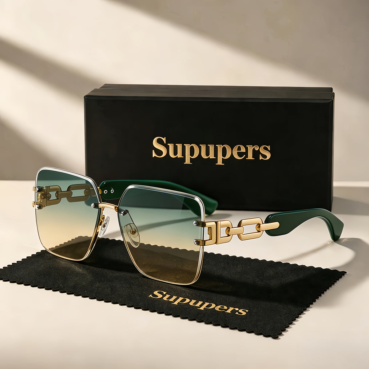 Sunglasses Oversized Square Sunglasses with Gradient Lenses, Gold Chain Temples and 3 Rich Colors for Events