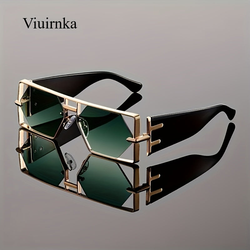 Geometric Oversized Fashion Sunglasses with Gold-Tone Bar Frame and Four Lens Color Options