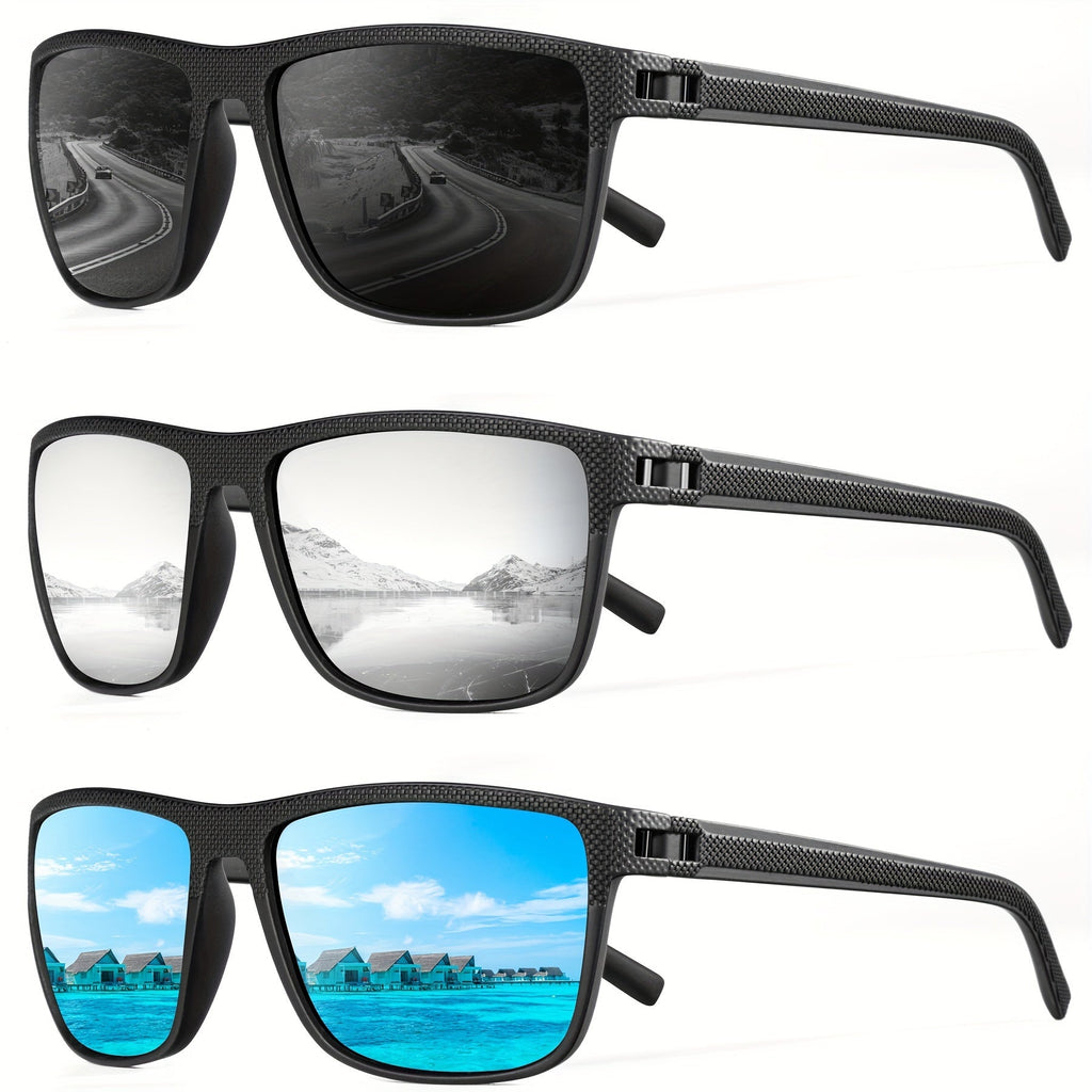 Polarized Sunglasses 3-Pack for Men with Classic Square Frames, UV400 Lenses and 12 Color Sets