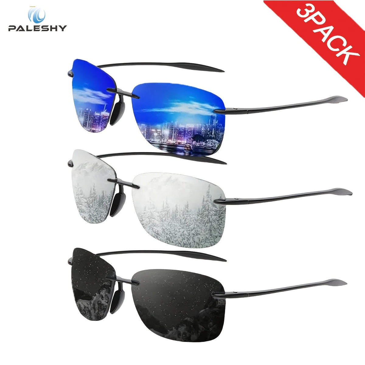 Sunglasses 3-Pair Set with Reflective Lenses for Driving and Sports with Specific Frame, Lens Color and Pack Choices