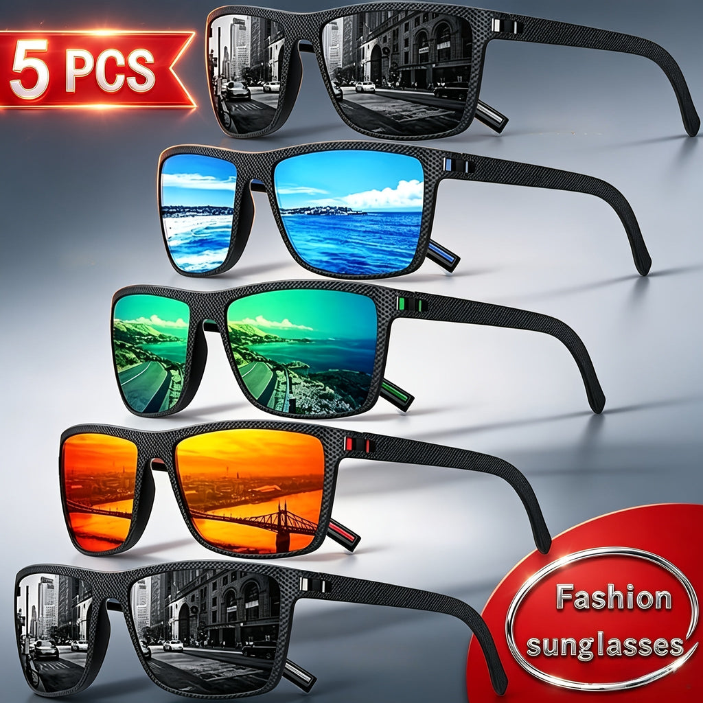 Polarized Sunglasses 5-Pack for Men with Square Frames, TAC Color-Coated Lenses and Anti-Glare UV