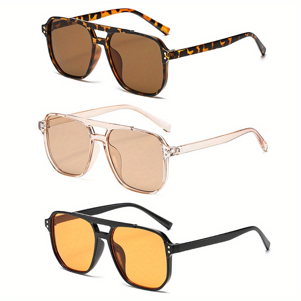 Sunglasses Rectangular Sunglasses 3-Pack with Leopard Temples, Dual Bridge, Reflective PC Lenses & Festival Style