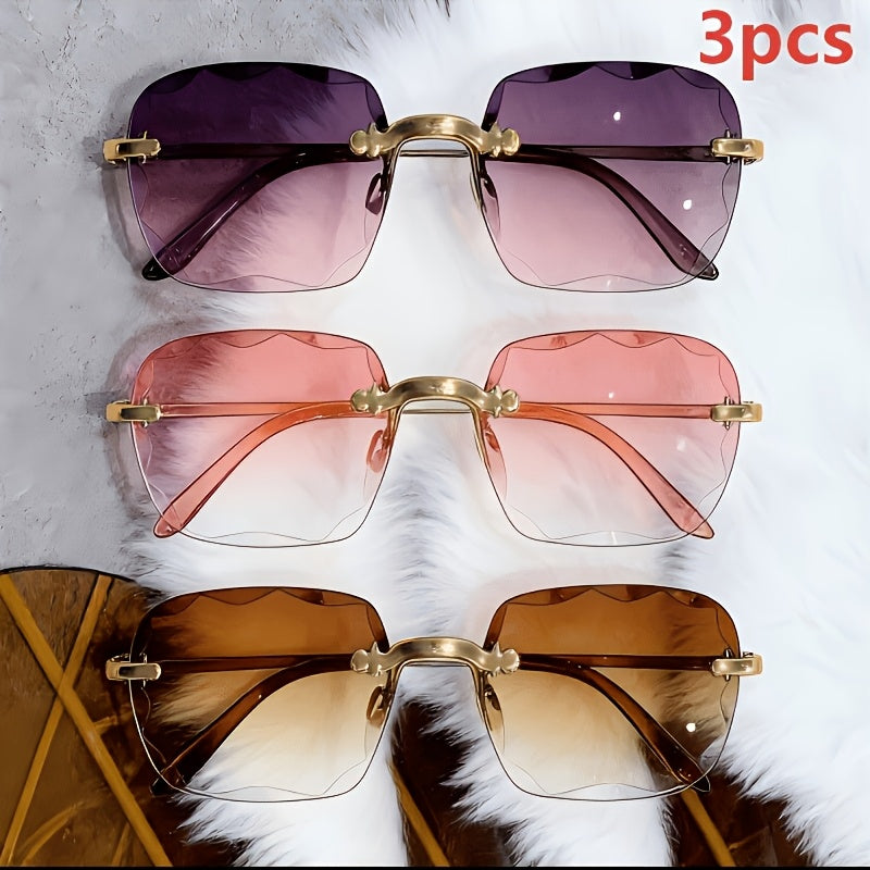 Sunglasses Rimless Square Sunglasses 3-Pack with Lightweight Frameless Design and Black, Purple, Brown Lenses