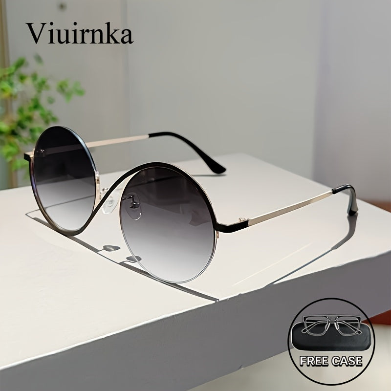 Sunglasses Oversized Round Sunglasses with Gradient Gray Lenses, Full Frame, Case and Cleaning Cloth for Travel