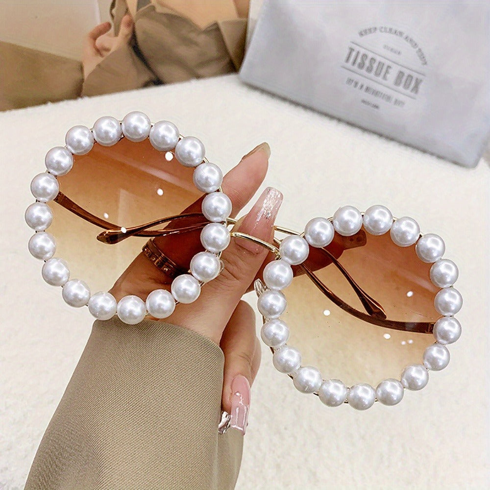 Sunglasses for Women - Round Pearl Frame Gold Wave Temple Full Rim Fashion Glasses for Summer - product detail view 5