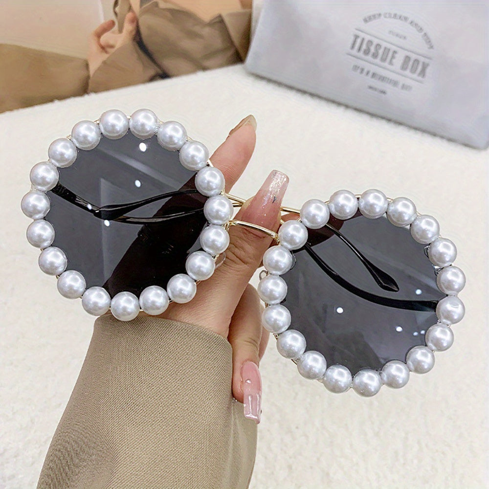 Sunglasses Round Pearl-Accent Sunglasses with Gold Wave Temples, Full Rim and 4 Lens Options for Summer Events