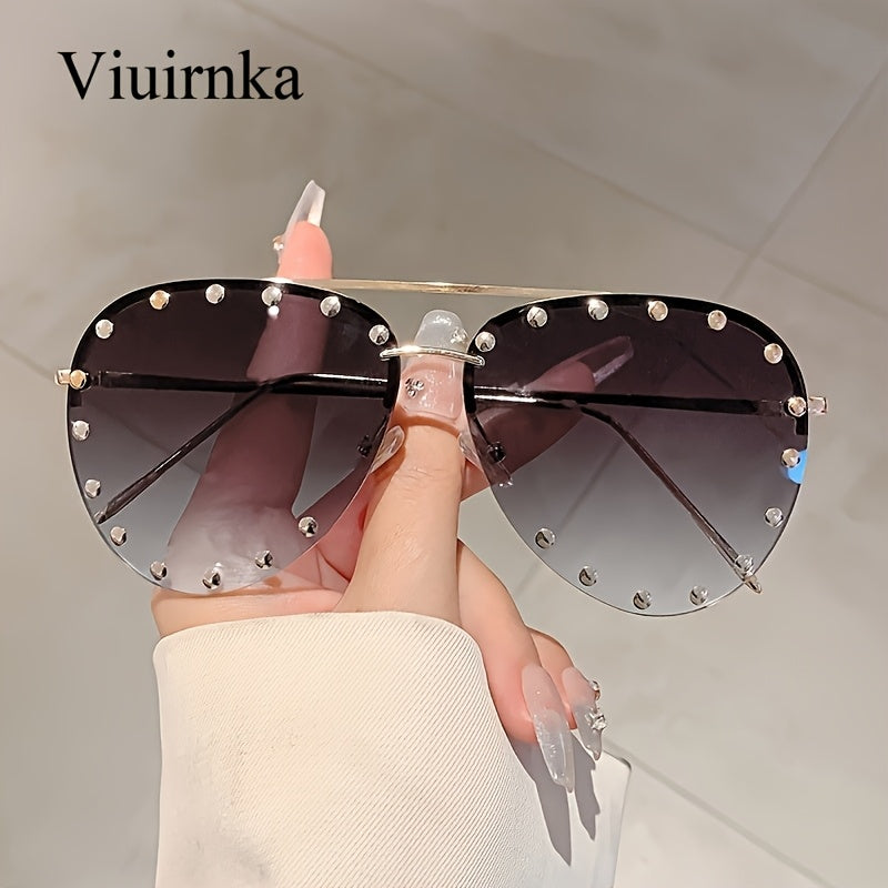 Semi-Rimless Studded Sunglasses with Slim Gold-Tone Frame and Four Gradient Lens Color Options