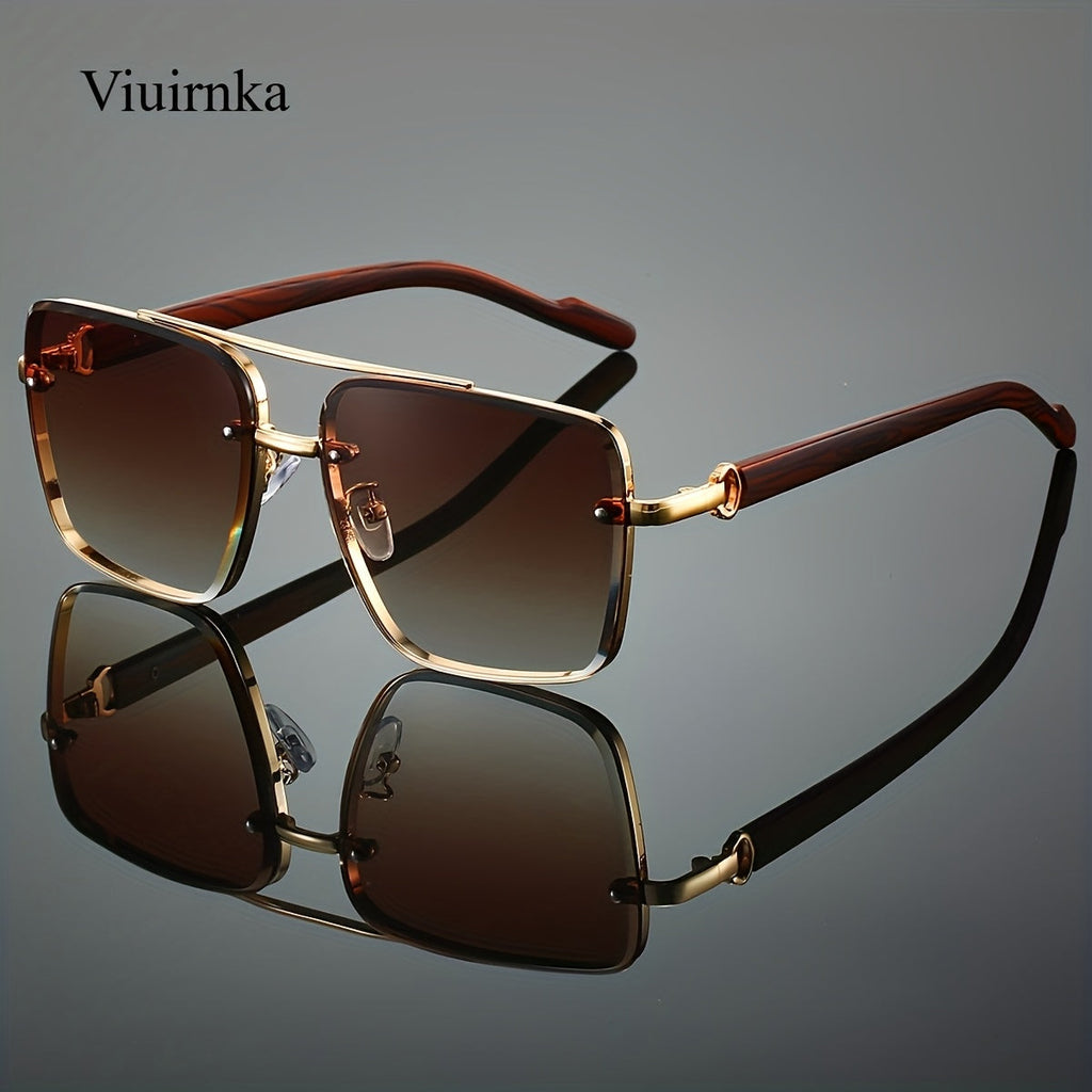 Sunglasses for Men - Square Women Double Bridge Gold Frame, Vintage Wood Grain Texture Light - product detail view 17