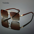 Square Double-Bridge Sunglasses with Gold Frame, Wood-Grain Temples and 6 Gradient Lenses for Unisex Wear