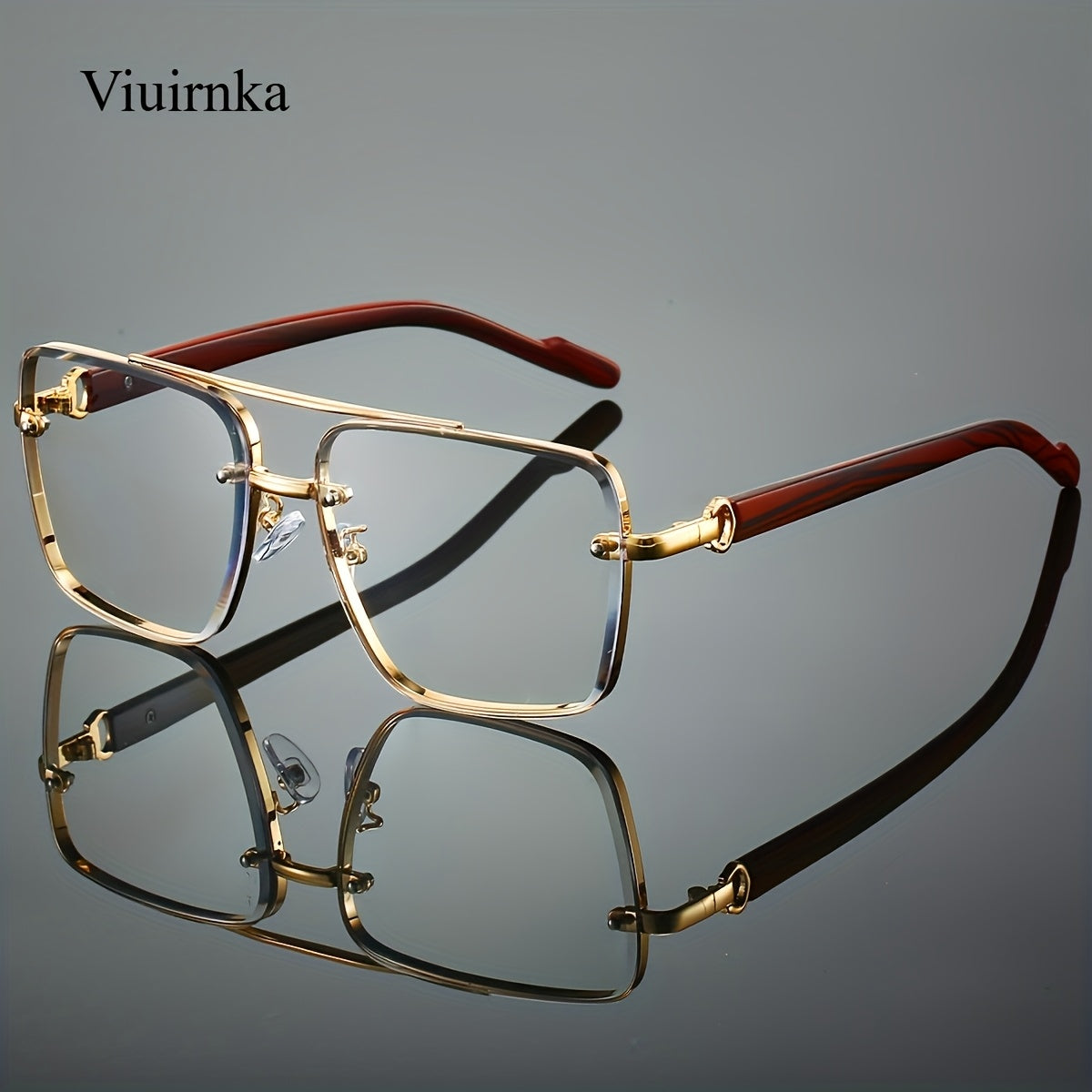 Sunglasses for Men - Square Women Double Bridge Gold Frame, Vintage Wood Grain Texture Light - product detail view 20
