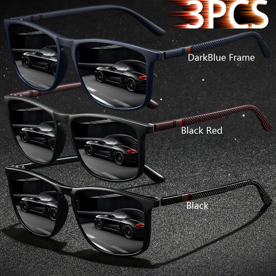 Square Dark-Lens Fashion Glasses Three-Pair Set in Dark Blue, Black-Red and Black Frames Pictured