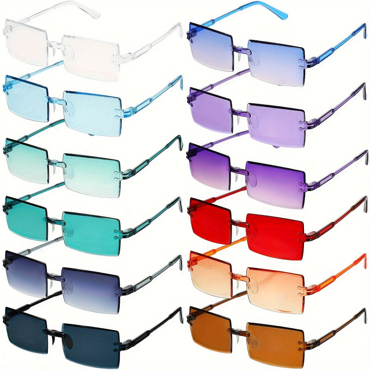 Twelve-Pair Mixed-Color Rimless-Style Rectangular Party Glasses Set with Color-Matched Temple Arms