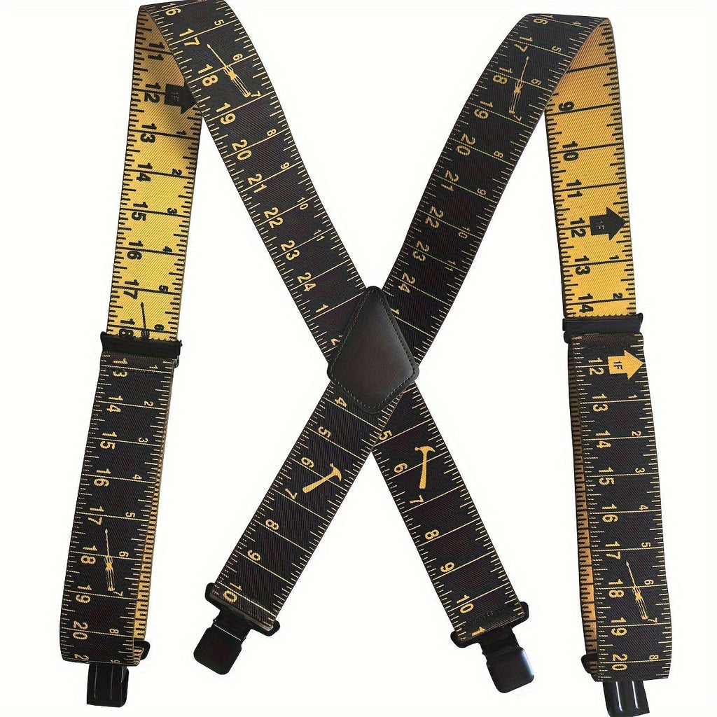 Measuring Tape Print X-Back Suspenders with 2-Inch Straps, Four Clips and Black or Yellow Options