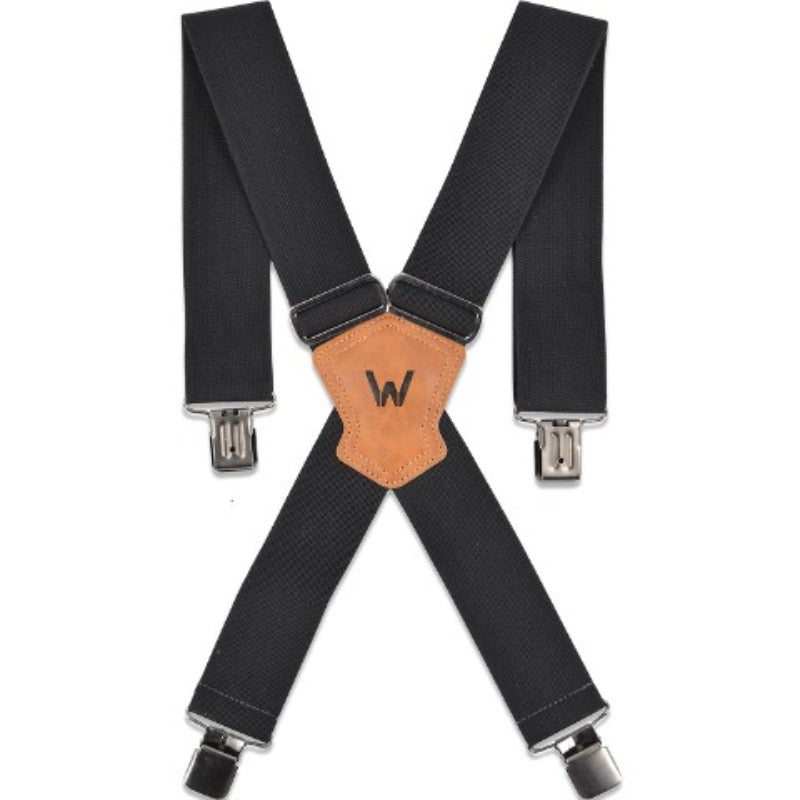 Black X-Back Work Suspenders with 2-Inch Adjustable Straps, Four Metal Clips and Leather Center Patch