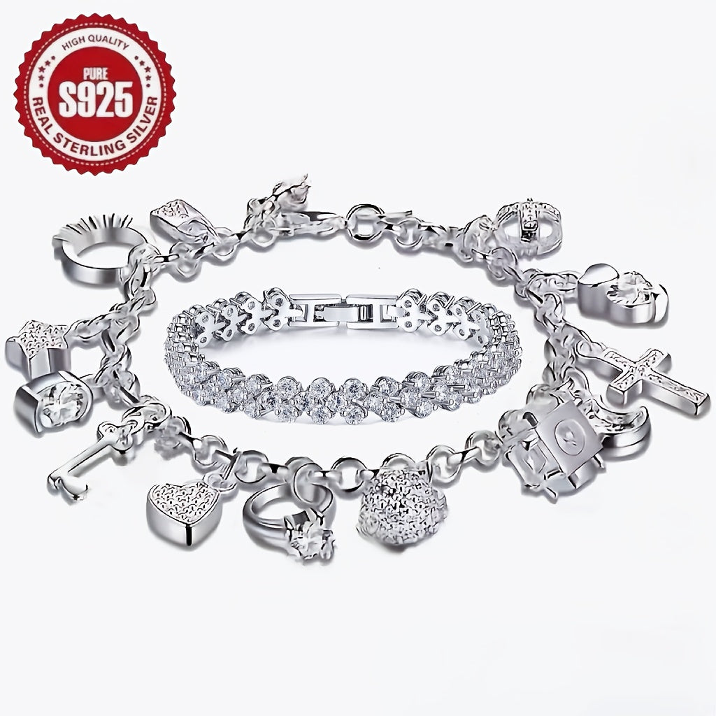 2-Piece Zirconia Tennis Bracelet Set in 925 Sterling Silver with Retro Charm Styling for Women