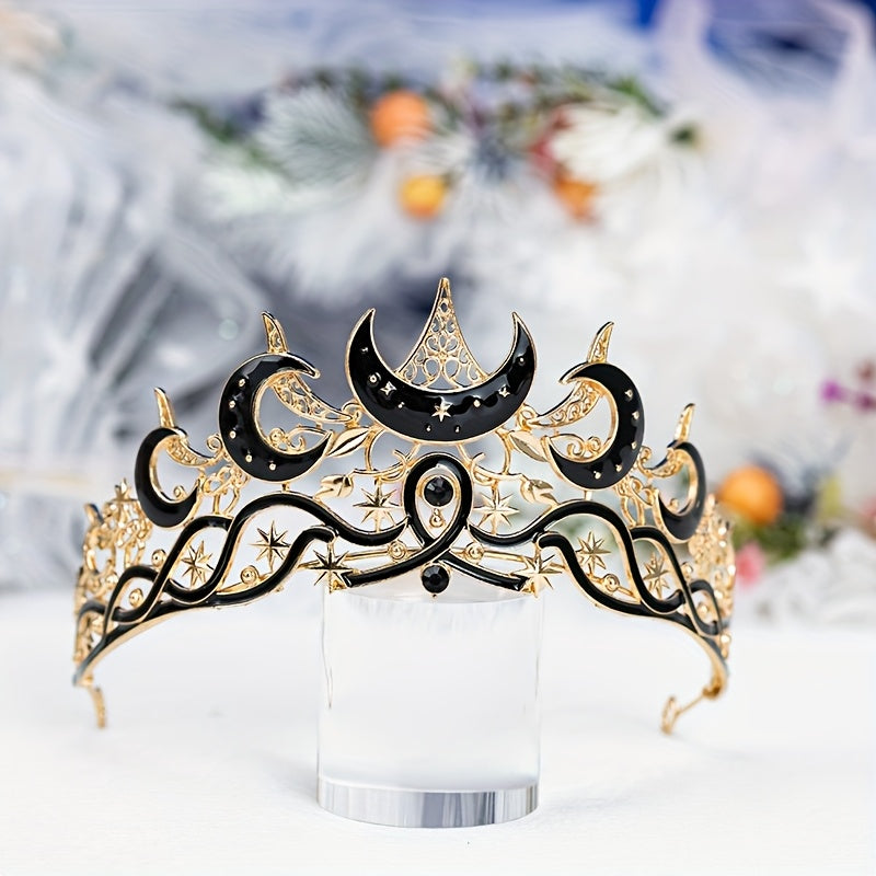 Crescent Moon Crown Tiara with Star Details in Four Black and Gold Accessory Set Options for Costume Styling
