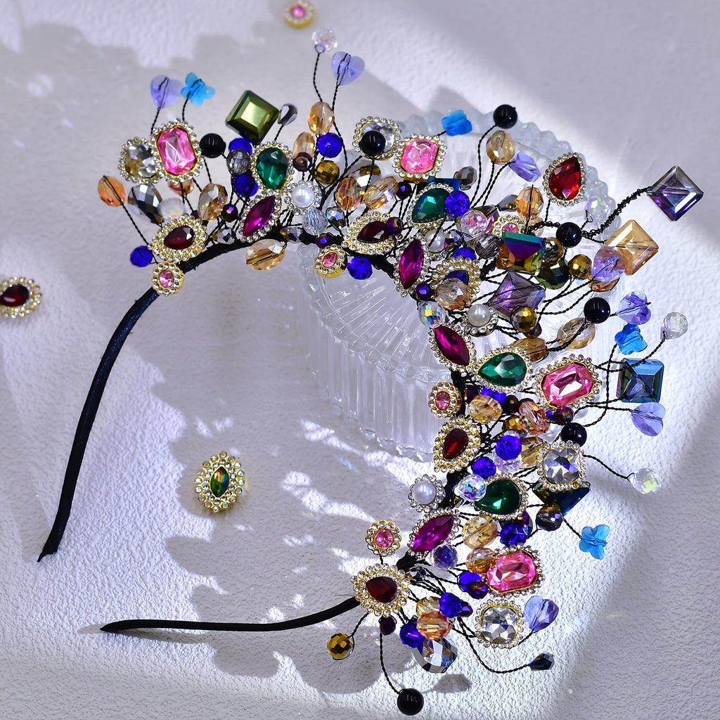 Hair Accessories Multicolor Crystal-Style Statement Tiara Headband with Silver-Tone Crown Frame