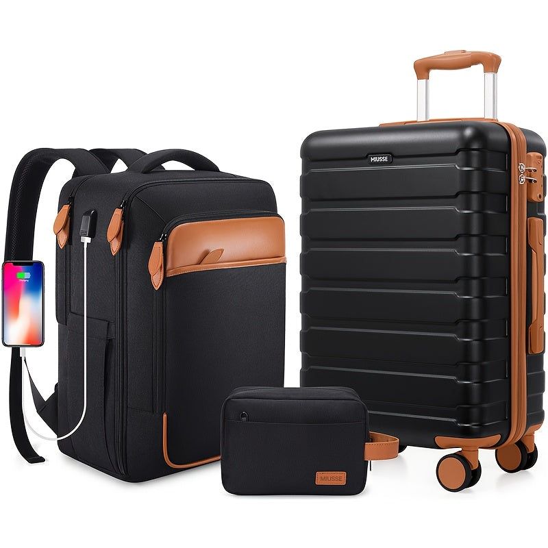 3-Piece Travel Set with 20-Inch Spinner Suitcase, Backpack and Matching Organizer in Four Colors