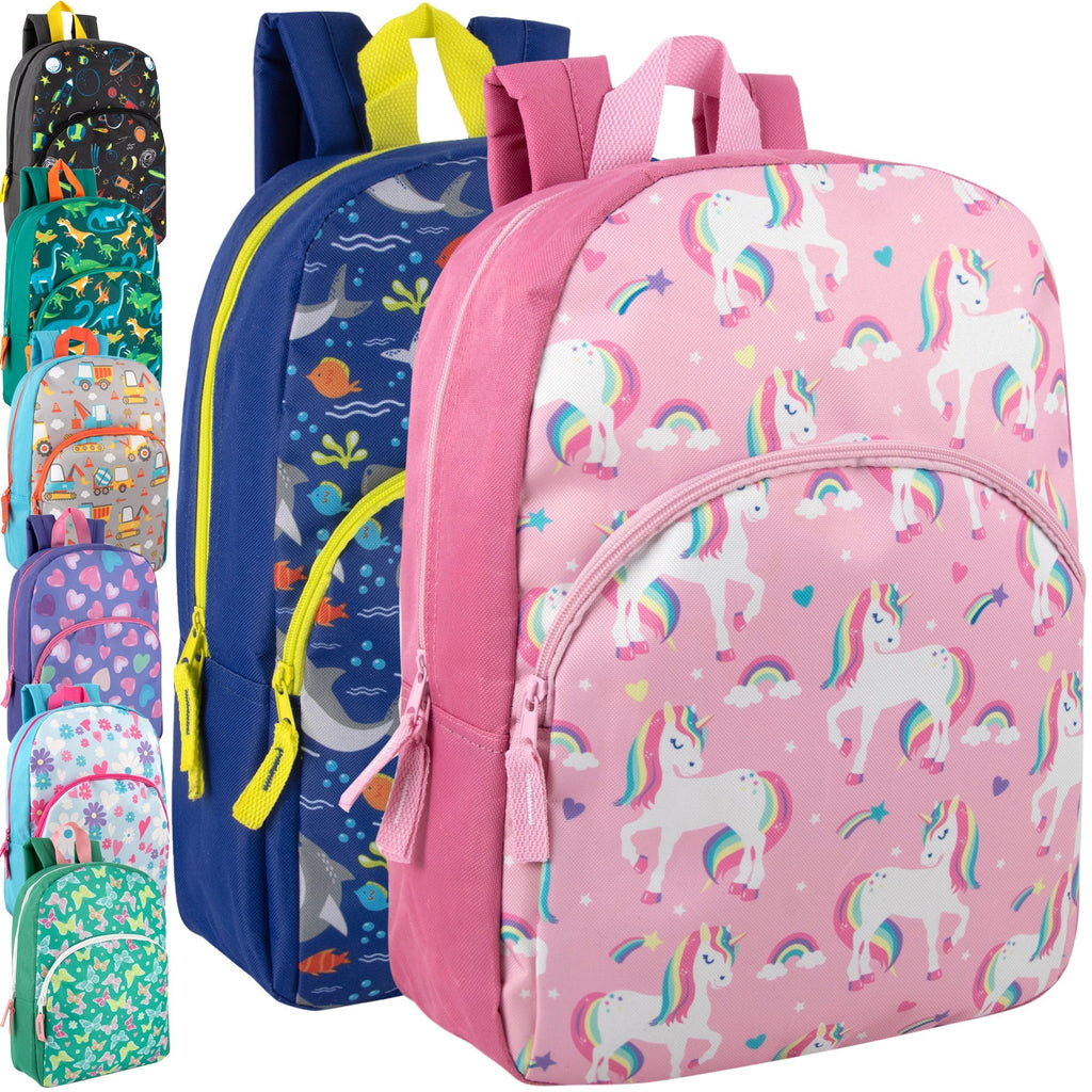 Travel Backpack 24-Pack of 15-Inch Printed School Bags with Front Zip Pockets and Padded Straps