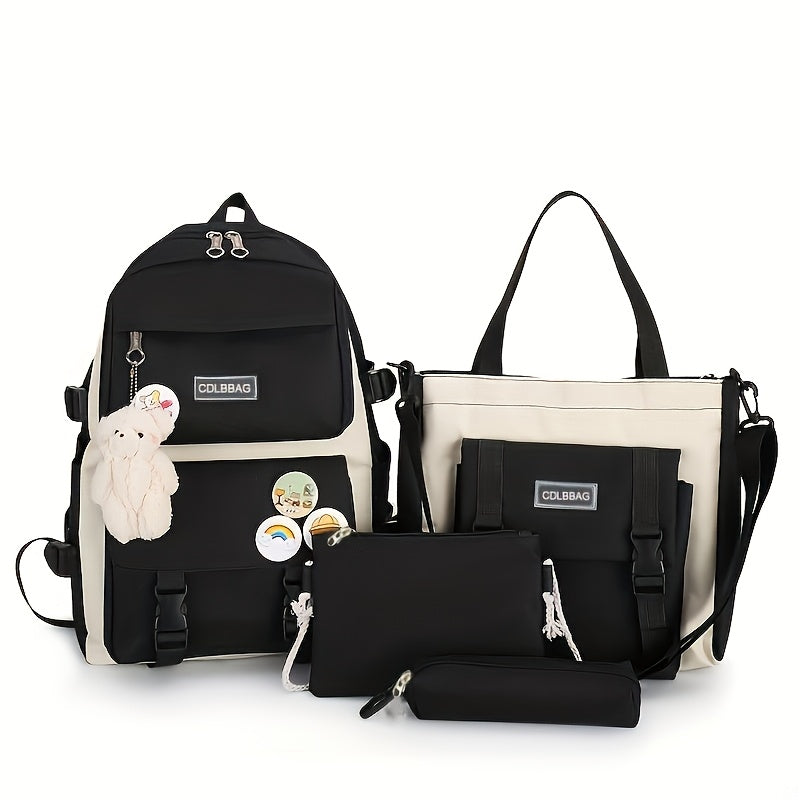 Travel Backpack 4-Piece Canvas Set with Zipper Closures and Coordinated Bags in Four Colors